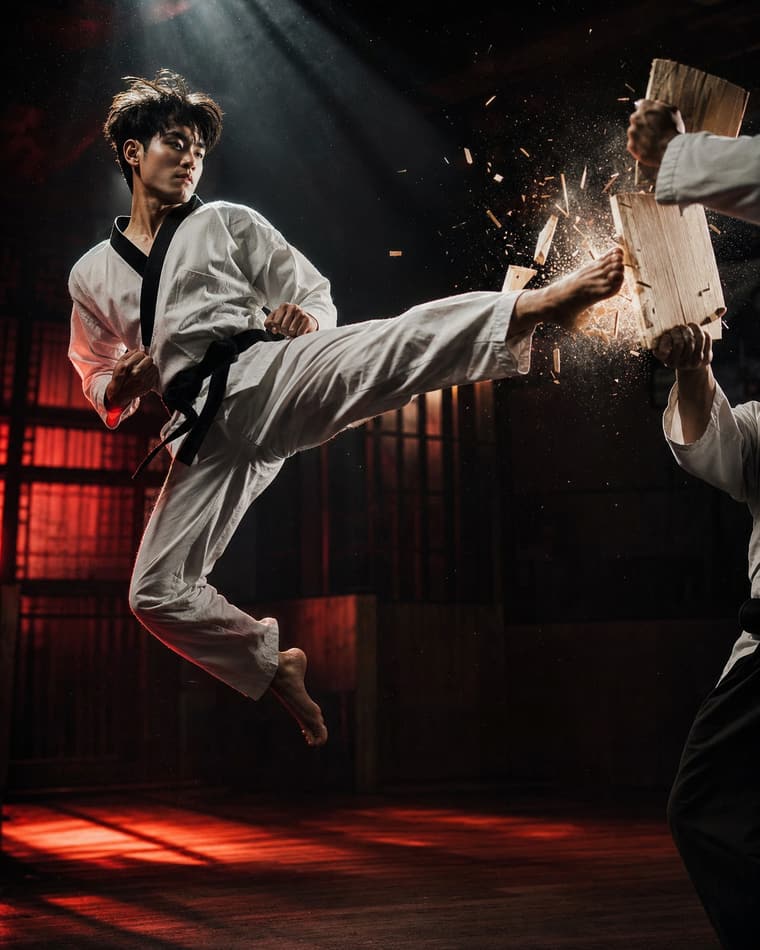 Taekwondo-utøver som knuser en treplanke med et flygende sidespark